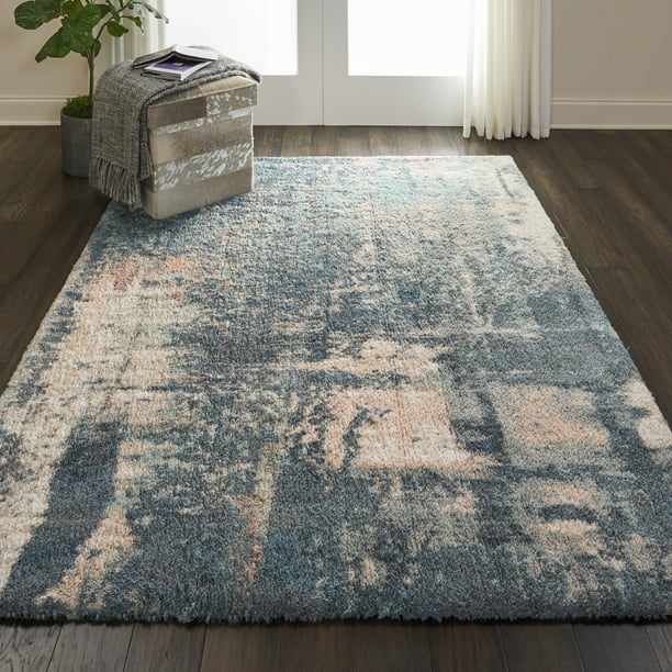 Nourison Abstract Shag Plush Abstract Slate Blue Area Rug