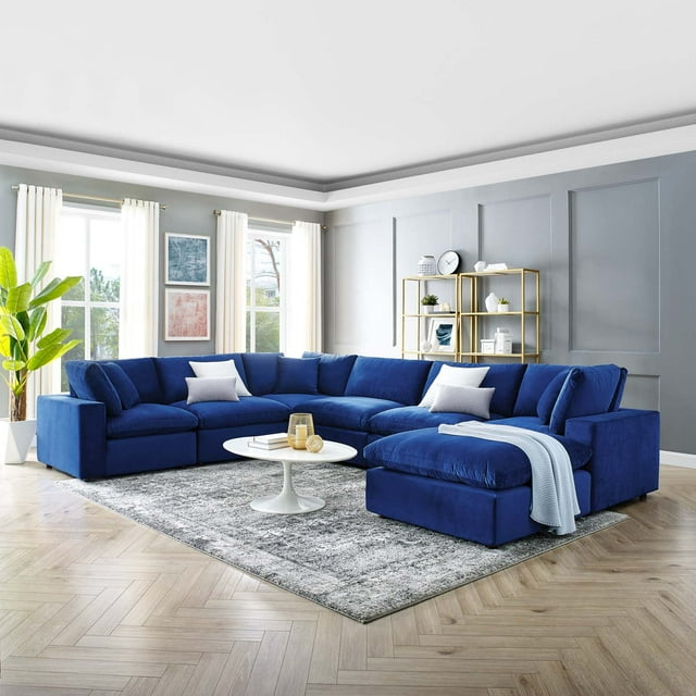 Modway Commix Canapé Sectionnel 7 Pcs Surrempli en Velours de Performance Garni de Duvet, Bleu Marine