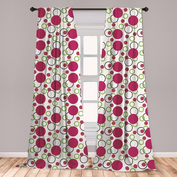 Pink and Green Curtains 2 Panels Set, Geometric Retro Composition with