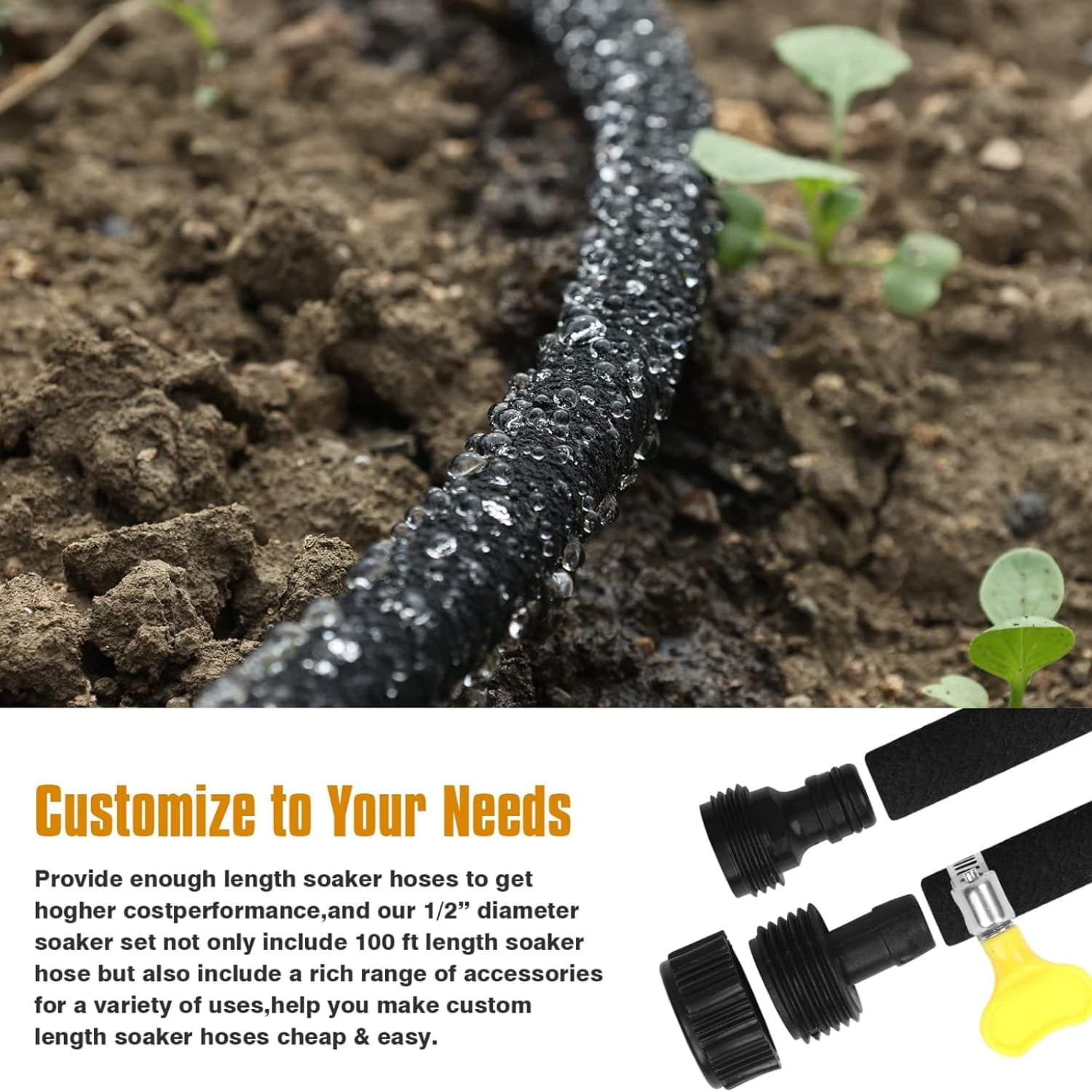 Hose 150ft for Garden Beds Solid Brass Interface Irrigation Save 70% Water Heavy Duty Rubber 1/2" Diameter Great for gardens/flower beds Accessories Contain Various Connections