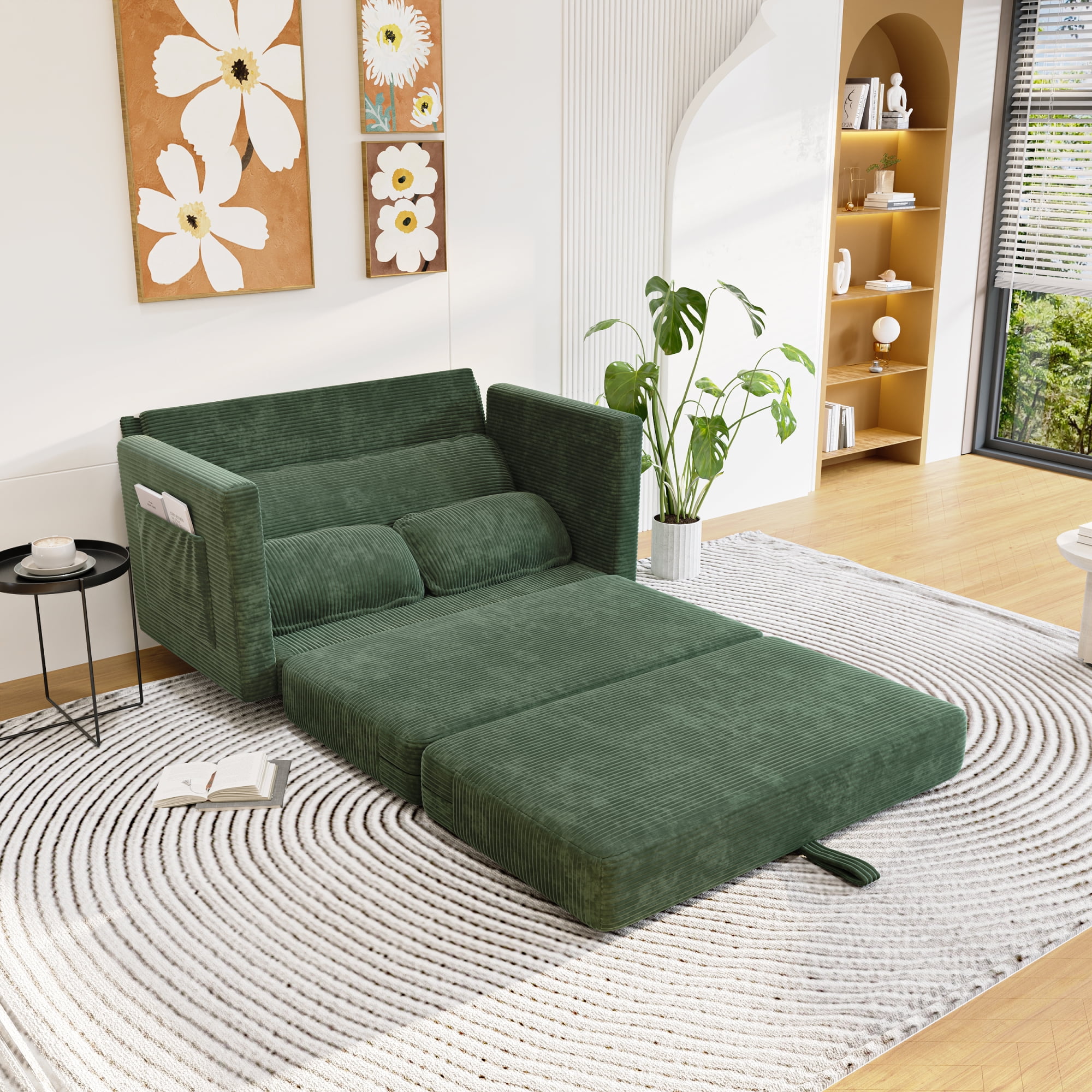 Jopat Convertible Sofa Bed,Corduroy Folding Sofa Bed,Loveseat Sleeper Sofa with Side Storage,Floor Couch for Apartment Living Room Bedroom,Dark Green