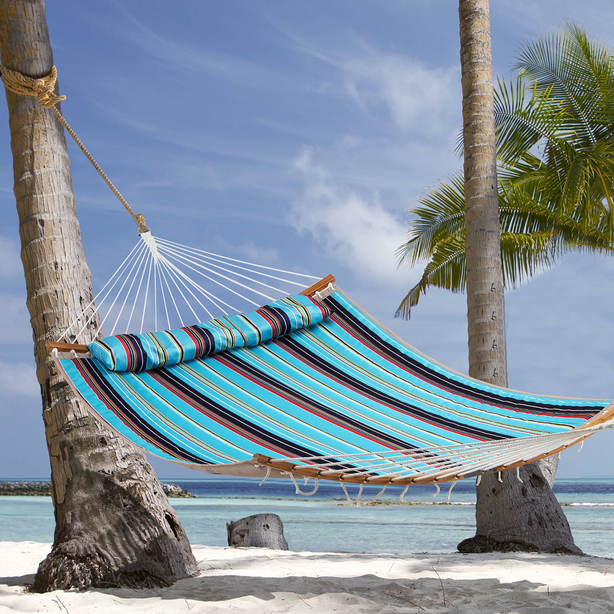 Costway Hammock w/ Pillow Curved Bamboo Spreader Bar Chain Portable Indoor Outdoor Blue