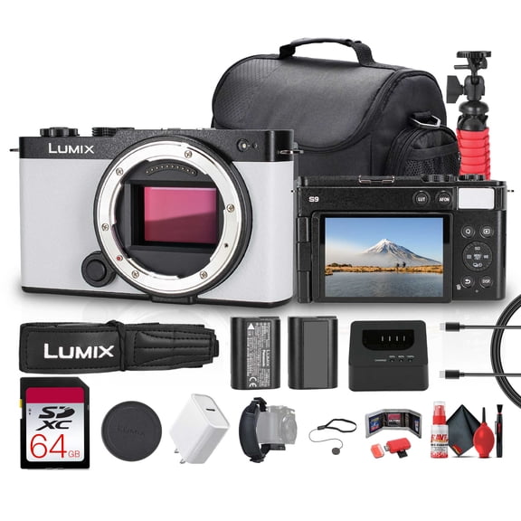 Panasonic Lumix S9 Mirrorless Camera in White (DC-S9GD-W) Bundle Including: 64 GB Memory Card, DMW-BLK22, Case, Lens Caps, Hand Strap, More Accessories