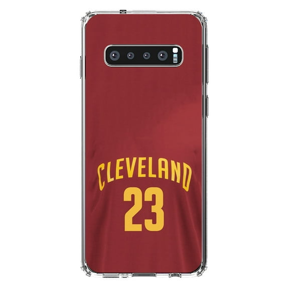 DistinctInk Clear Shockproof Hybrid Case for Samsung Galaxy S10  PLUS(6.4" Screen) - TPU Bumper, Acrylic Back, Tempered Glass Screen Protector - Cleveland 23 Jersey -Basketball