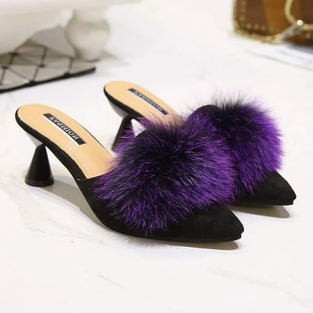 

〖Yilirongyumm〗 Purple 38 High Heels For Women Hairball Half-Drag Mid-Heeled Wool Slippers Rubber Slippers Daily Shoes
