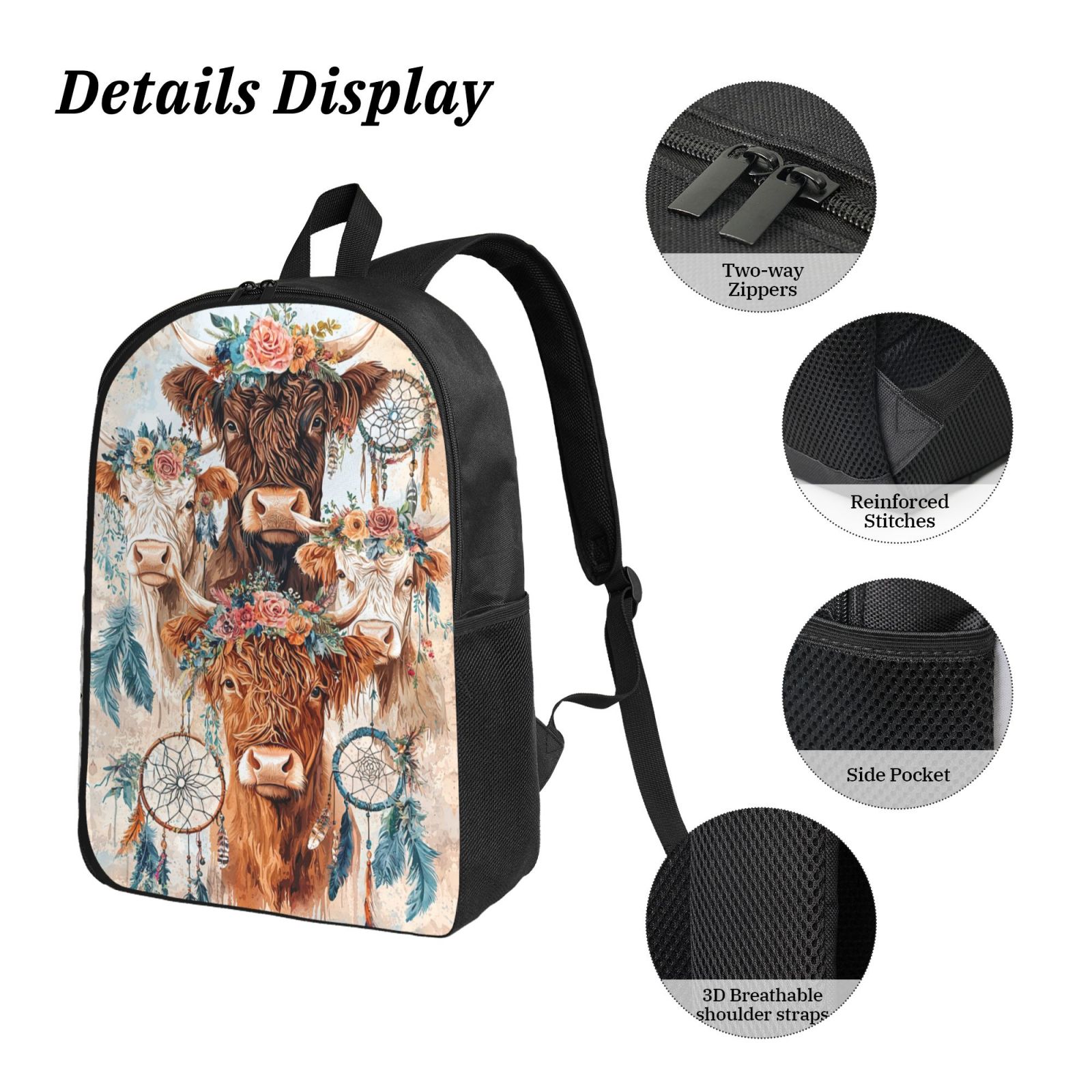 Highland Cow 3 Piece Backpack Casual Multifunction Travel Backpacks 17"