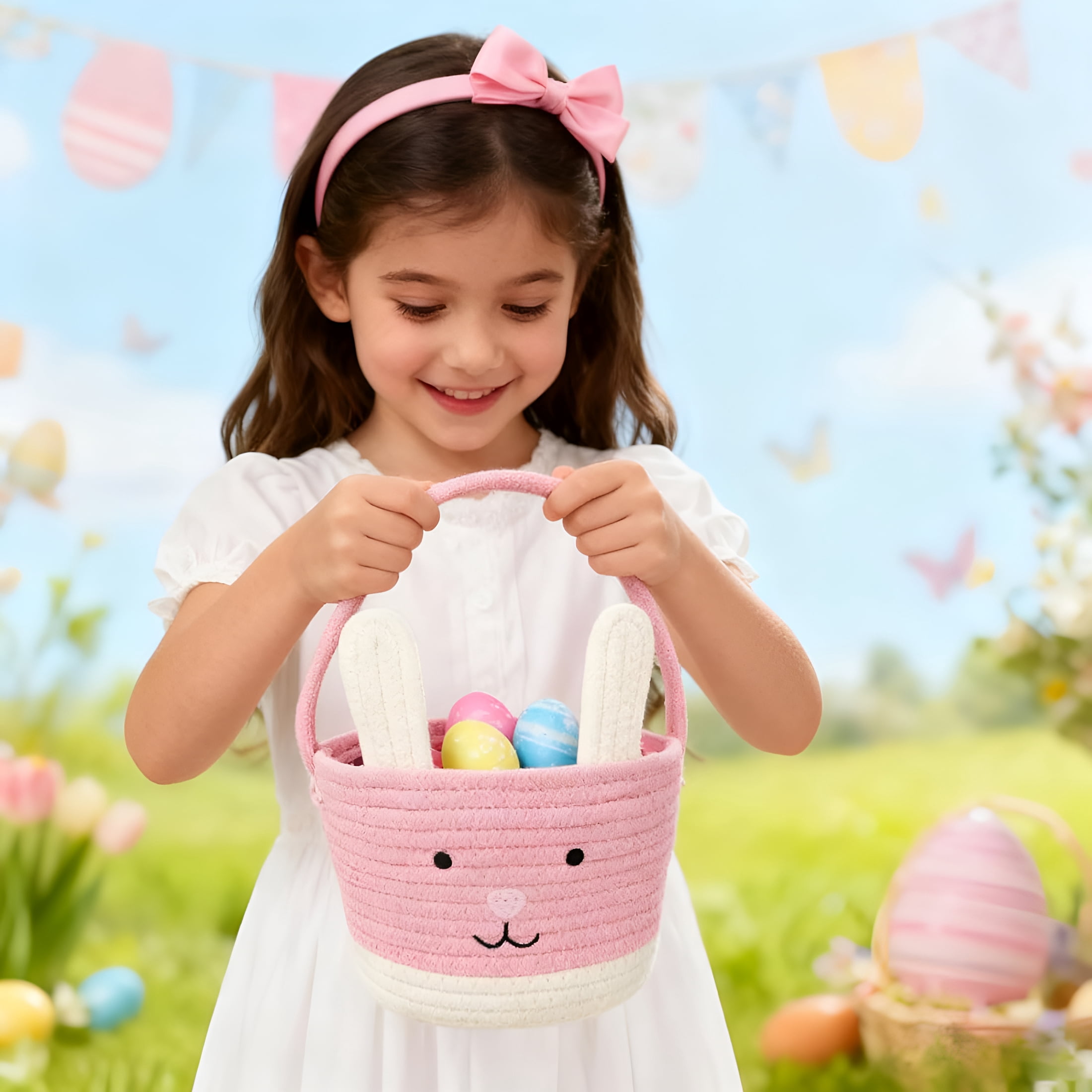 GASTROPOD 2026 New Easter Basket,Easter Bunny Baskets with Handle,Baby Gift Baskets,Egg Buckets Gifts Tote Bags Egg Hunt Basket for Kids,Boys,Girls,Toddler,Babies,Infant (Pink+White)
