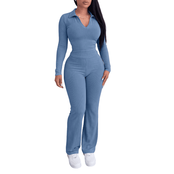 Two Piece Sets for Women Outfits Ribbed V Neck Top Flare Pants Set Track Suits Long Sleeve Top Jogger Legging Pants Lounge Workout Sets for women Blue L