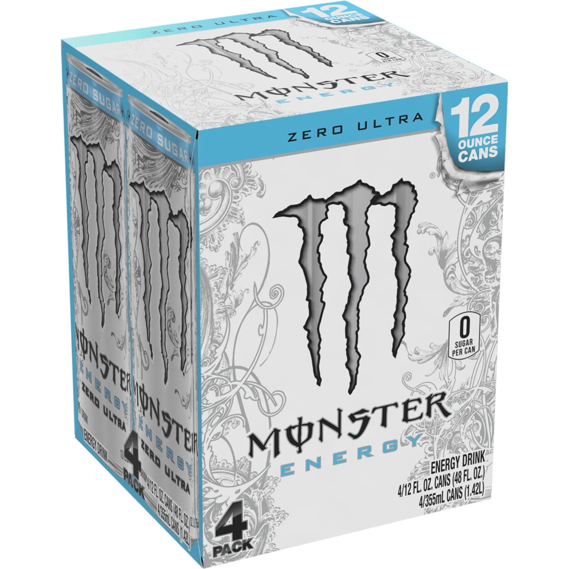 Monster Energy, Zero Ultra, Sugar Free Energy Drink, 4 Pack - 12 Fl Oz