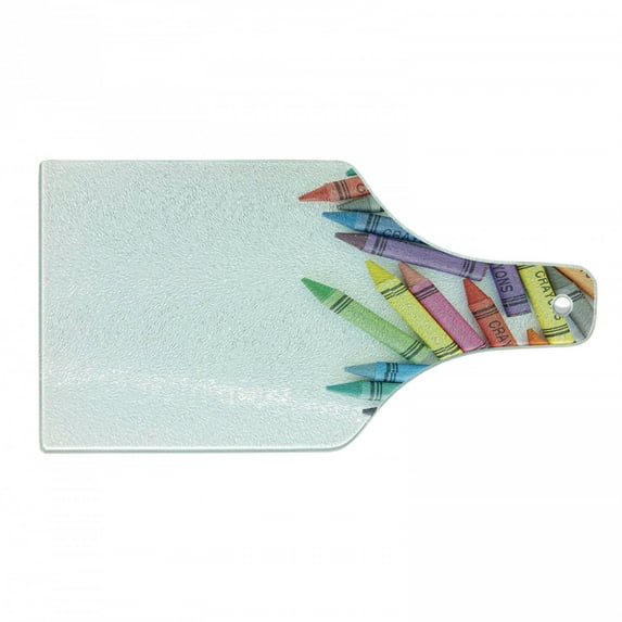 Crayon Cutting Board, Children School Art Class Themed Colorful Painting Crafts Photo on Plain Backdrop, Decorative Tempered Glass Cutting and Serving Board, in 3 Sizes, by Ambesonne