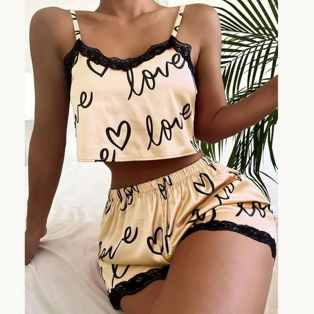 Conjunto de pijama con estampado de corazón de amor para mujer, ropa de dormir Sexy con cuello en V, Top con tirantes, pantalones cortos, conjunto de 2 piezas