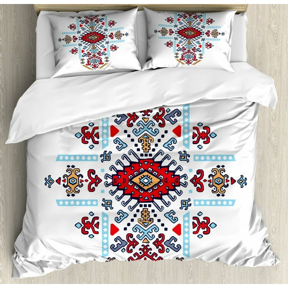 Geometric Queen Size Duvet Cover Set, Mexican and African Ethnic Tribal Ornamental Folkloric Unique Vintage Pattern, Decorative 3 Piece Bedding Set with 2 Pillow Shams, Multicolor, by Ambesonne