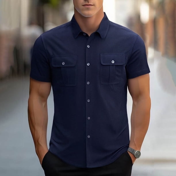 Ceisia Men's Relaxed Fit Corduroy Short Sleeve Turndown Collar Shirt with Dual Chest Pockets Navy XL Gifts