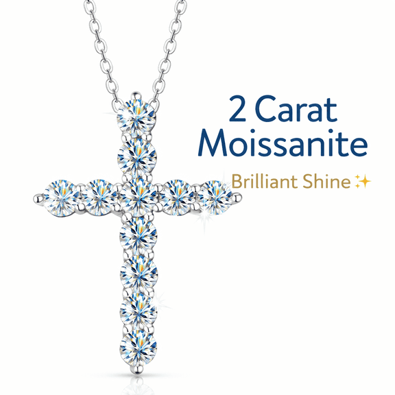 MOONELLE 2 Carat Moissanite Cross Necklace for Women, 925 Sterling Silver Pendant, Adjustable Chain, White Gold Tone