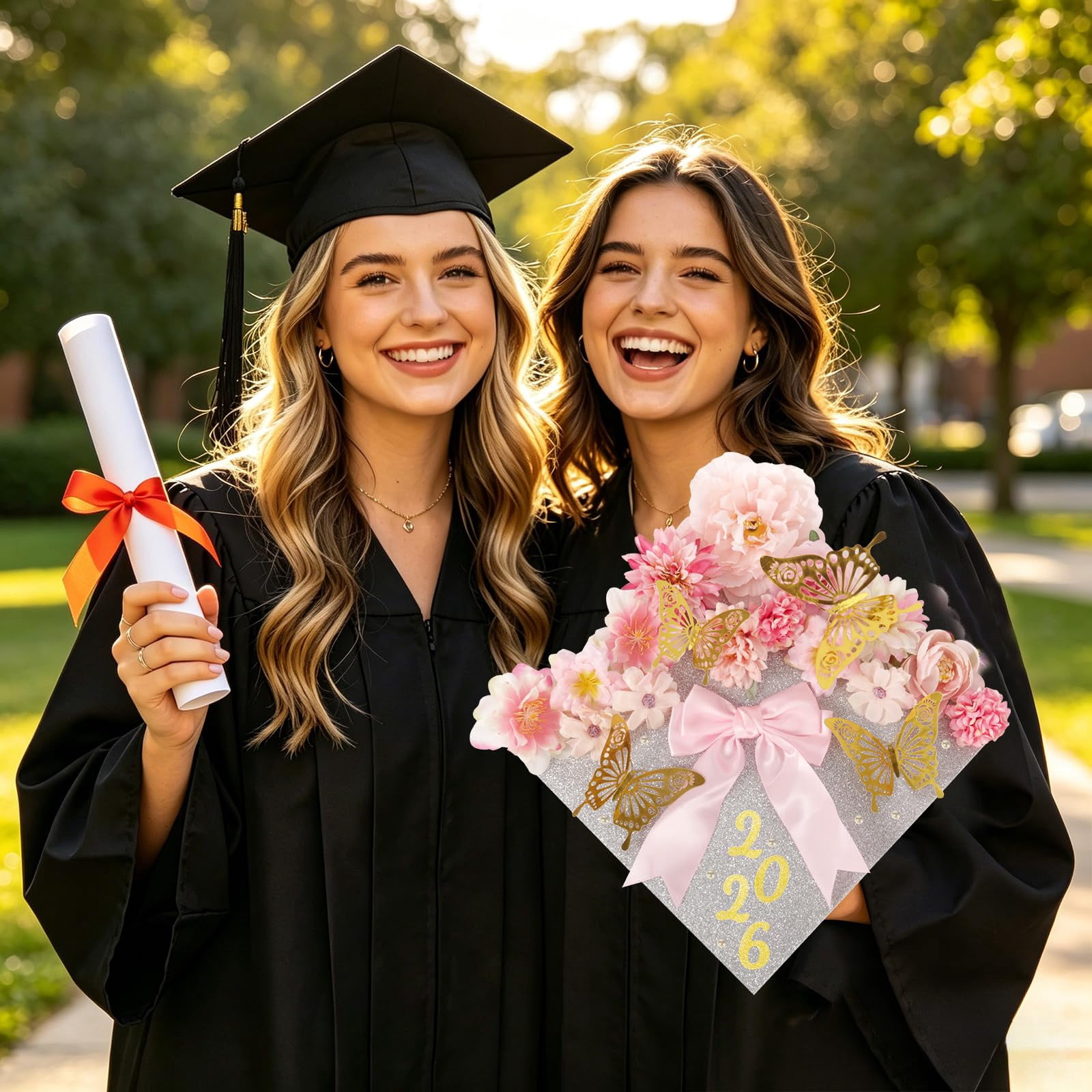 Graduation Cap Decoration Kit with Faux Flowers, 3D Butterflies and Adhesive Dots for Party