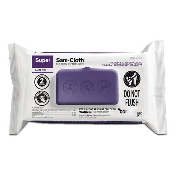 Super Sani-Cloth Surface Disinfectant Cleansing Wipes, 8.2 in x 9.8 in, 80 Wipes, 1 Pack
