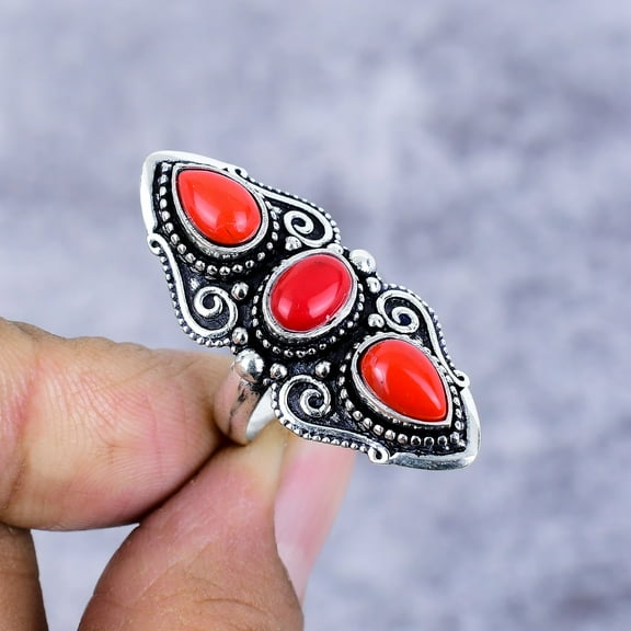 Italian Red Coral Gemstone Handmade 925 Sterling Silver Ring Size 8