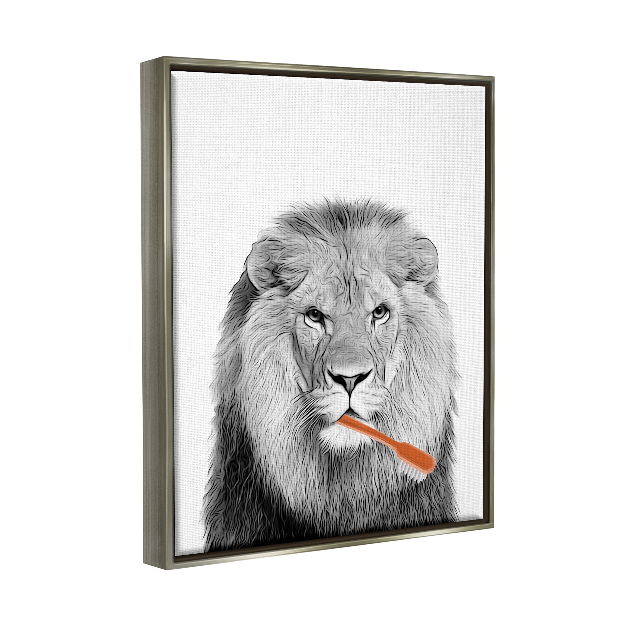 Stupell Industries Lion Brushing Teeth Bathroom Animals & Insects Painting Gray Floater Framed Art Print Wall Art