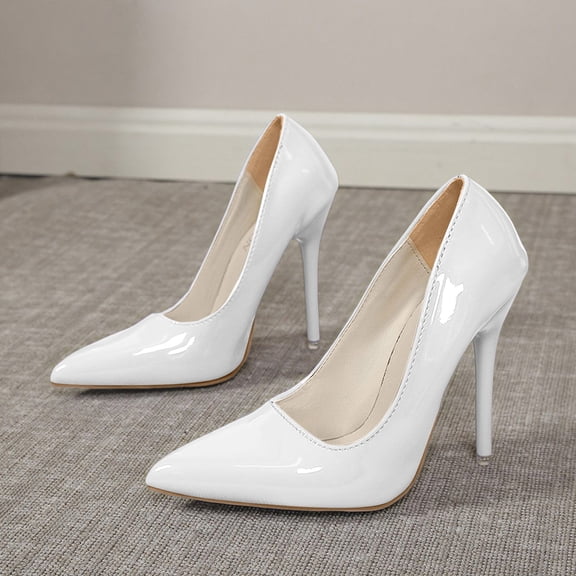 Women Patent Leather Pointed Toe Stiletto Pumps, Slip On High Heel Dress Shoes, Classic Solid Color Slim Heel formal Heels for Wedding Party office White 8.5(43)