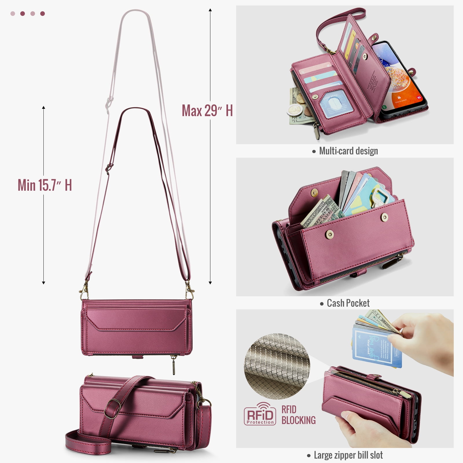 Asuwish Compatible with Samsung Galaxy A15 5G/4G Zipper Wallet Phone Case Tempered Glass Screen Protector Crossbody Lanyard Strap Flip Card Holder Slot Cell Cover for A 15 G5 15A Women Girls Wine Red