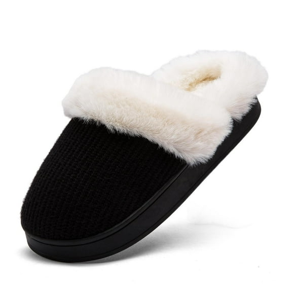 Womens Cotton Slippers Cozy Memory Foam Slippers Anti-Skid Rubber Sole Fuzzy Slippers Comfortable Warm Scuff Slippers Slip on Winter with Non-Slip Indoor Outdoor Suitable For Women(B777-Black-9-10)