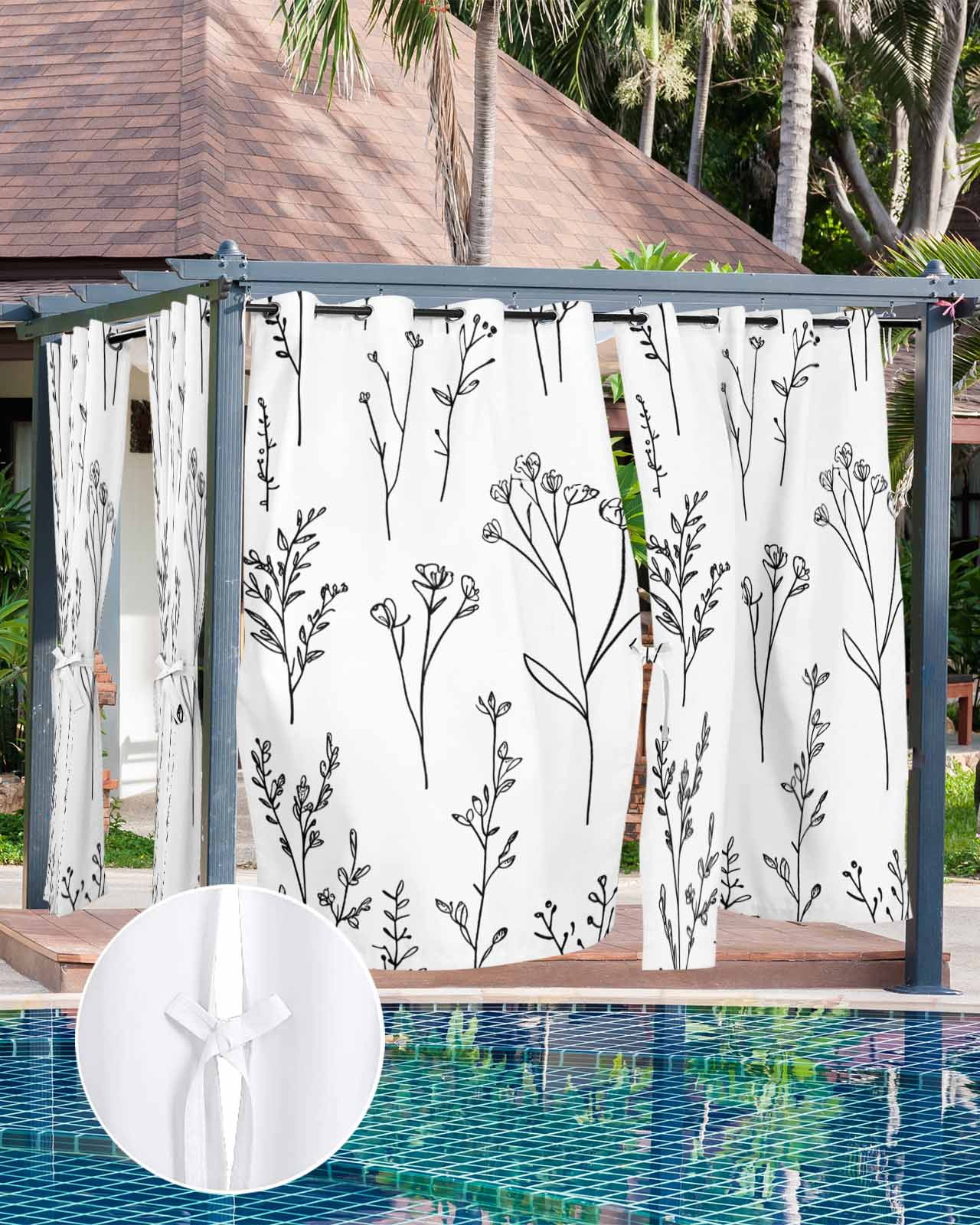 Black Pastoral Floral Outdoor Curtains for Patio, Tropical Bloom Silhouettes Privacy Drapes Grommet Waterproof Outside Curtains for Porch/Cabana/Balcony 54"x 95", 2 Panel