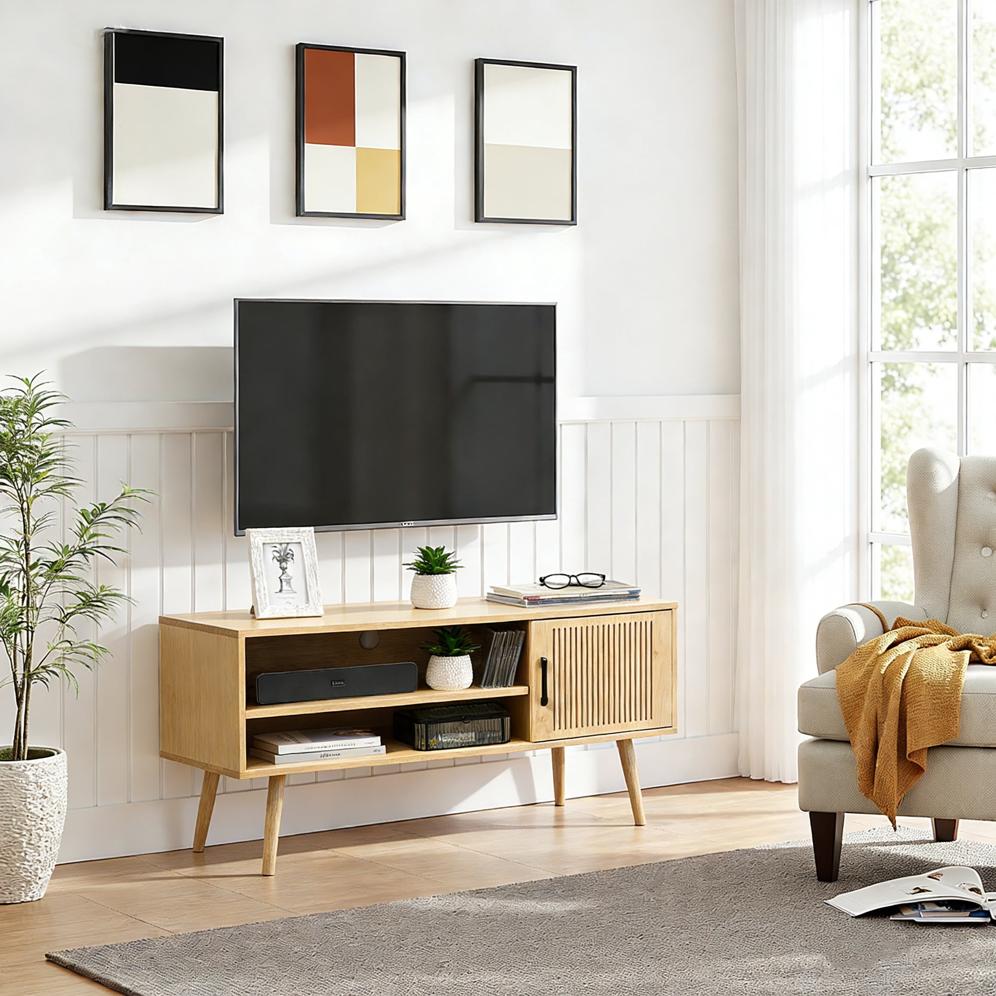 KATHY&BOB Modern TV Stand for 32-50 Inch TV, Media TV Console Table with Storage Cabinets and Adjustable Shelf, Solid Wood Feet, Natural