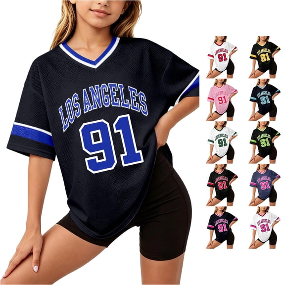 WAYUTE Girls Shirts Casual V Neck Letter Graphic Tee Top Loose Fit Sporty Soft Knit Workout Shirt for Casual Daily Wear,Black3,Size 9 Y-10 Y