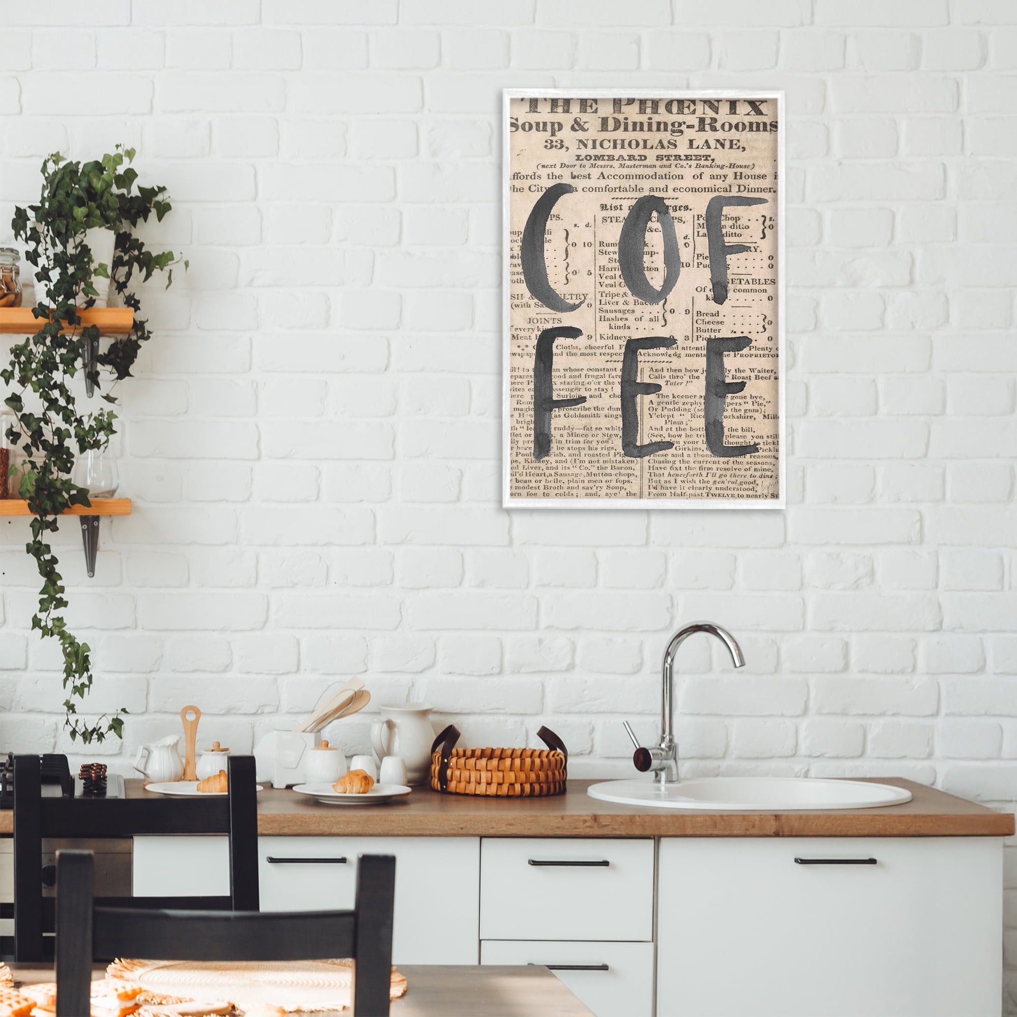 Stupell Industries Vintage Coffee Newspaper White Framed Giclee Art, design by Lucille Price