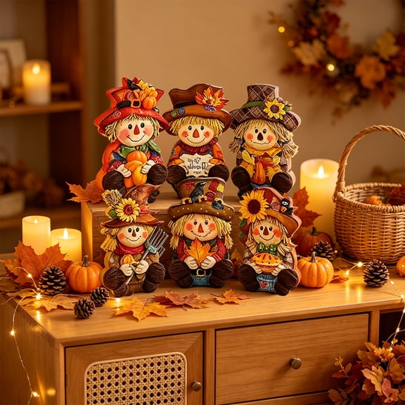 Tyidzon 6 Pcs Fall Scarecrow Decor, Thanksgiving Wooden Tabletop Figurines for Shelf and Autumn Harvest Home Decor