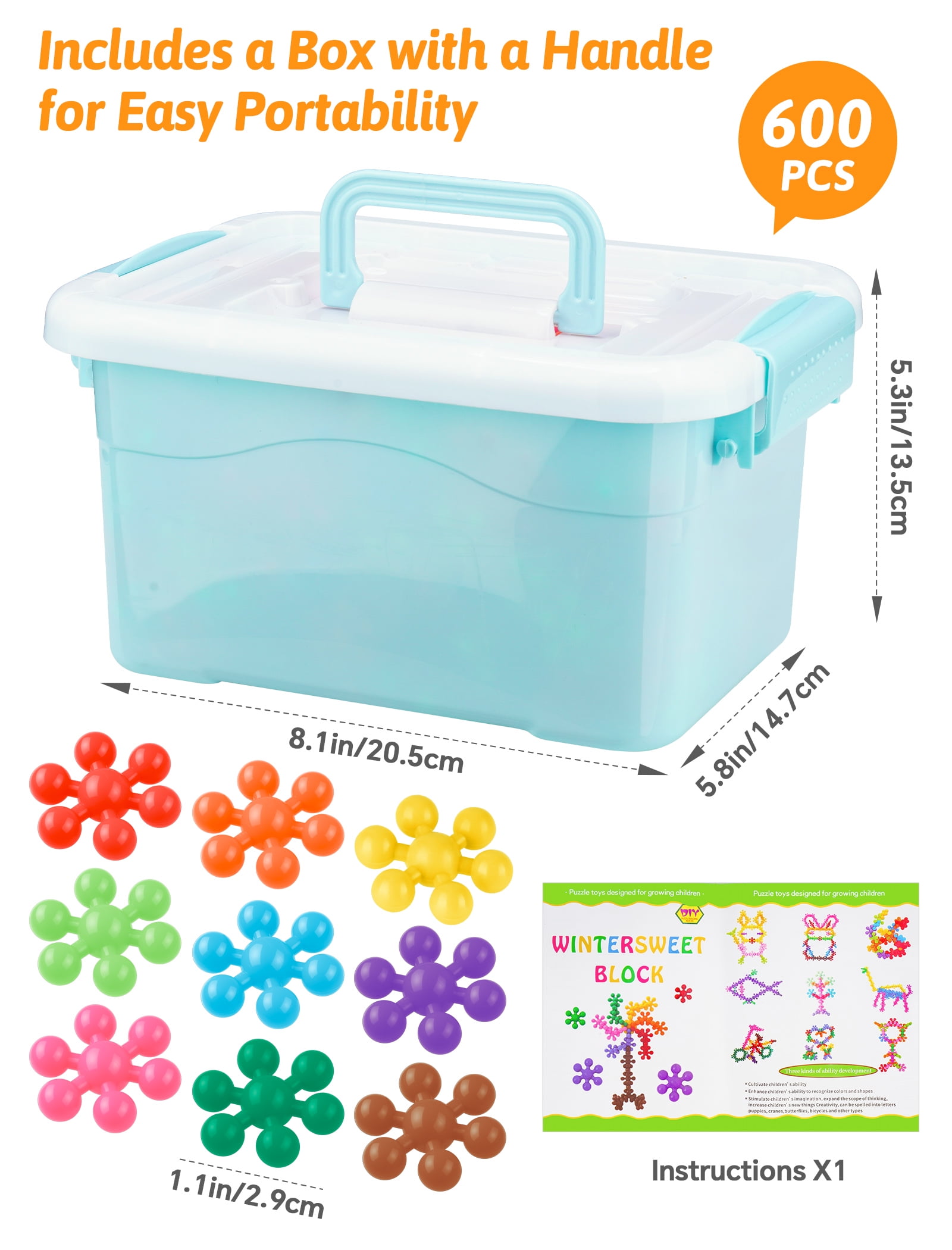 Macaron Color Interlocking Building Blocks Set – 600pcs Snowflake Shape Plastic Construction Toys in 6 Pastel Colors with Storage Box, Educational STEM Blocks for Kids Creative Play