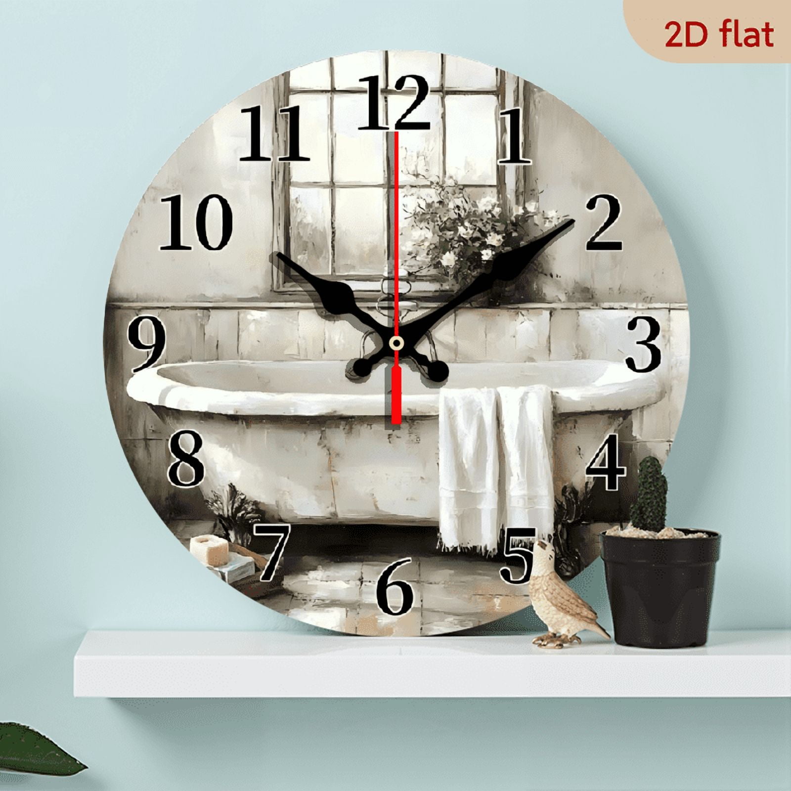 Shabby Chic Vintage Bathtub Wall Clock, Rustic Bathroom Scene with Window & Flowers, Elegant Home Decor Clock for Farmhouse & Cottage-Style Interiors