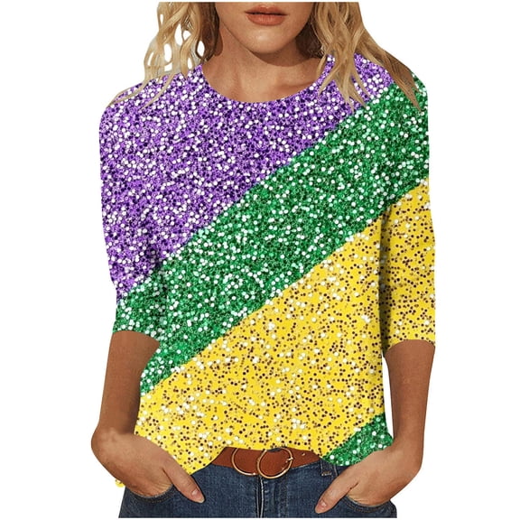 successthop Plus Size Mardi Gras Clothes for Women Stripe Oversized Crewneck Outfits 3/4 Sleeve Blouse Vacation Shirt L