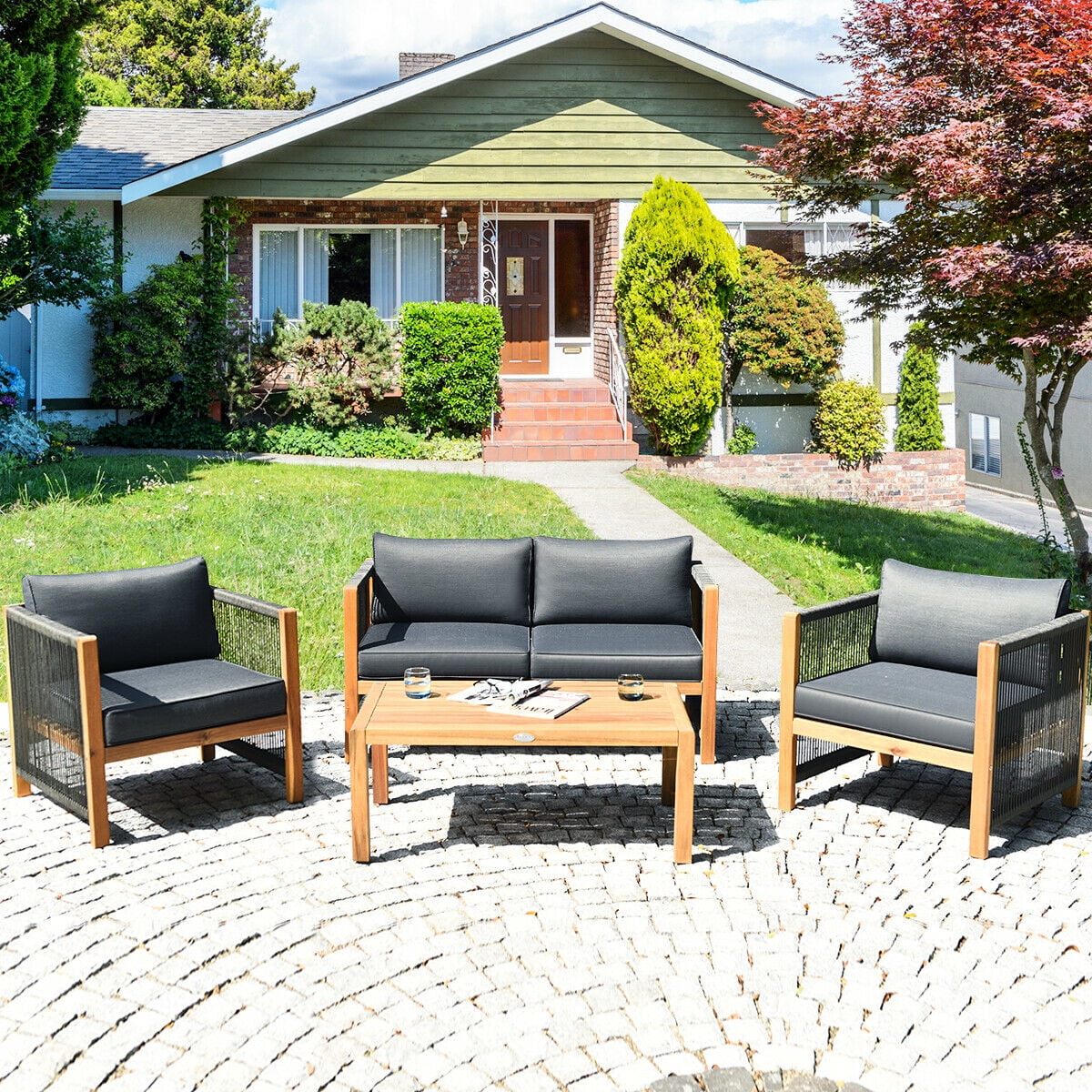 Gymax 8PCS Acacia Wood Outdoor Patio Furniture Set ...