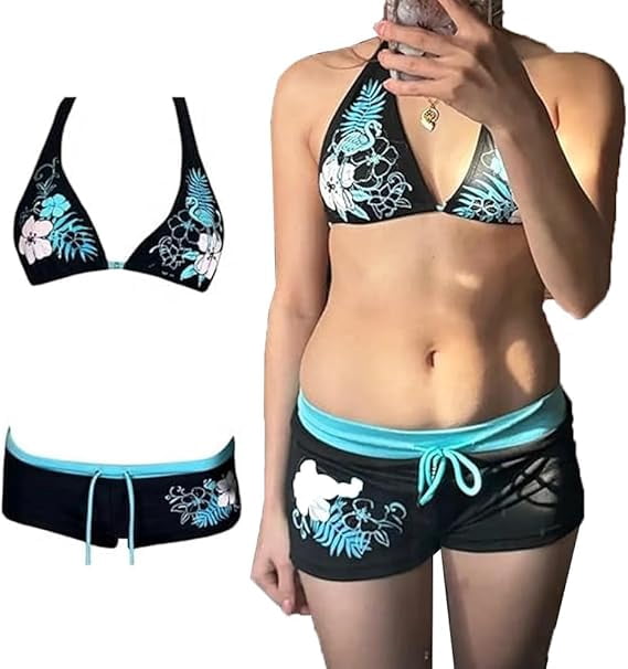 Maillot De Bain 2 Pièces Hobie - Haut Bandeau Et Shorty Bas - Noir à Motifs Roses - Taille S - Neuf Avec étiquettes