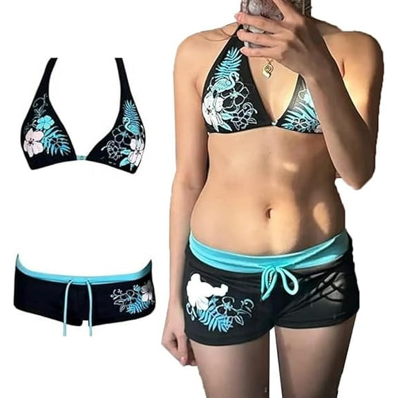 2000s Bathing Suit 2 Piece Y2k Halter Bikini Grunge Swimsuit Goth Outfits Set Alternative Aesthetic Triangle Bikini