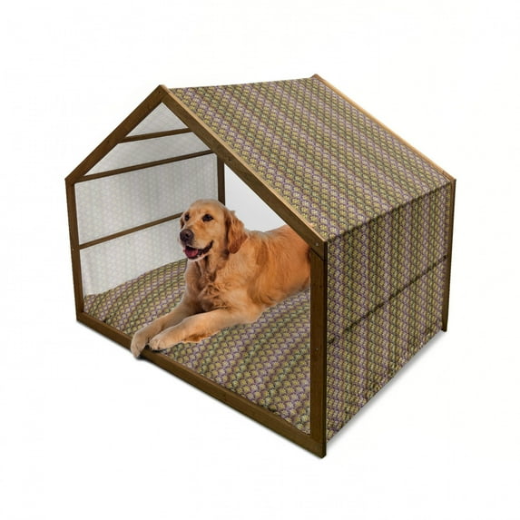 Yellow Damask Pet House, Fish Scale Style Traditional Eastern Peacock Motif and Braid Stripes, Outdoor & Indoor Portable Dog Kennel with Pillow and Cover, 5 Sizes, Yellow and Purple, by Ambesonne