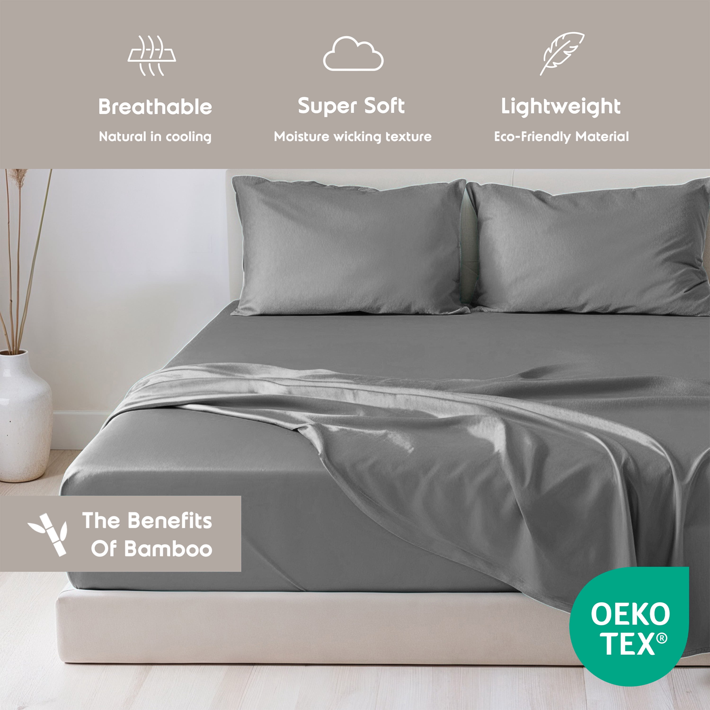 Virtu Bed Sheets Set, Deep Pocket Rayon Derived from Bamboo Blend Cooling 4 Piece Queen Sheets sets, Gray
