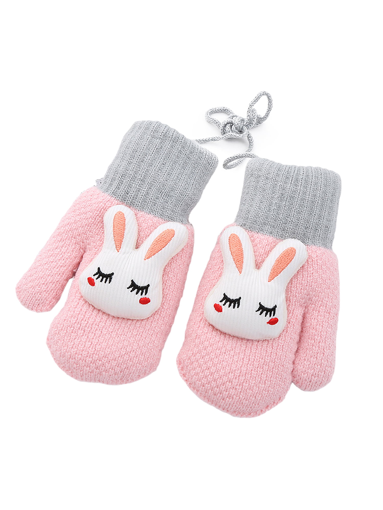 Warm Kids Fleece lined Mittens Soft Winter Knitted Gloves Cute Rabbit Full Finger Stretchy for Toddlers