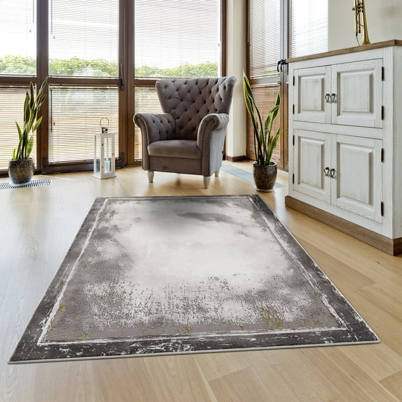La Dole Rugs Gold Grey Ivory Abstract Marble Bordered Modern Rustic Pattern Area Rug For Living Room Bedroom Hallway Runner