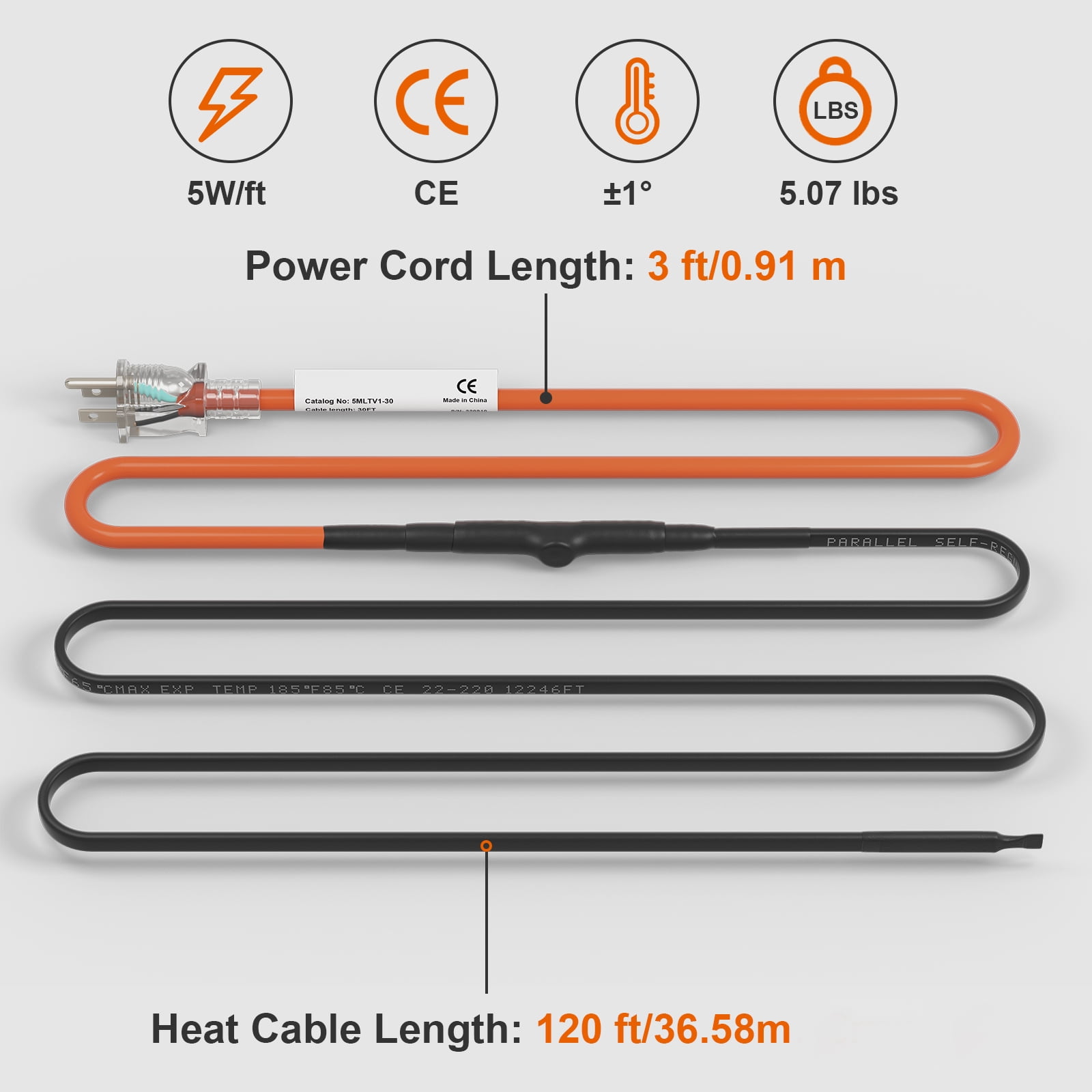 KFFKFF Self-Regulating Pipe Heating Cable, 120-ft 5W/ft Heat Tape for Freeze Protection, Suitable for PVC, Metal, and Plastic Pipes, 120V