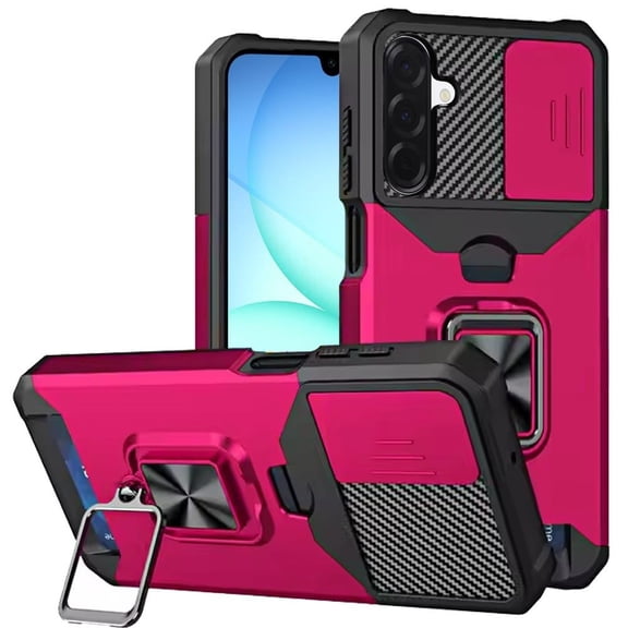 For Samsung Galaxy A17 S176V Multi-Functional Ring Kickstand Phone Case   Tempered Glass - Pink