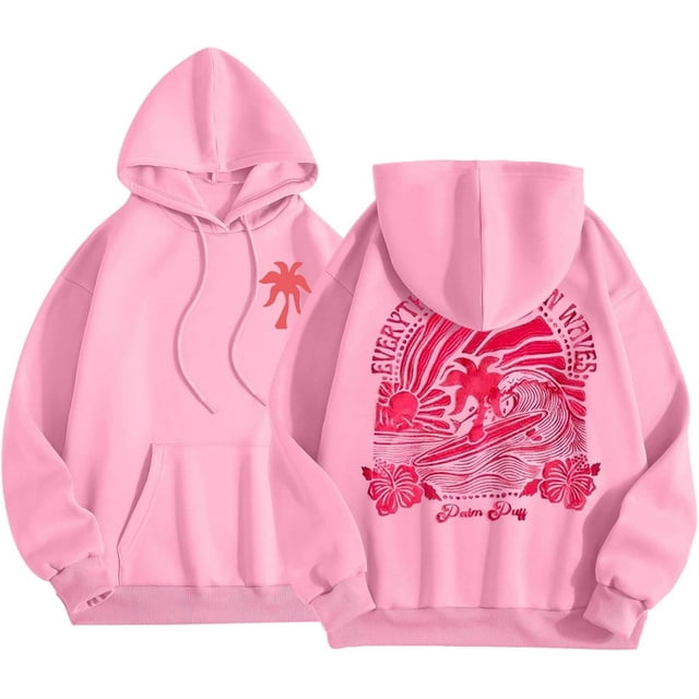 Pink Graphic Hoodie For Women 2024 Cute Preppy Sweatshirt Long Sleeve Drawstring Pullover Tops With Pockets