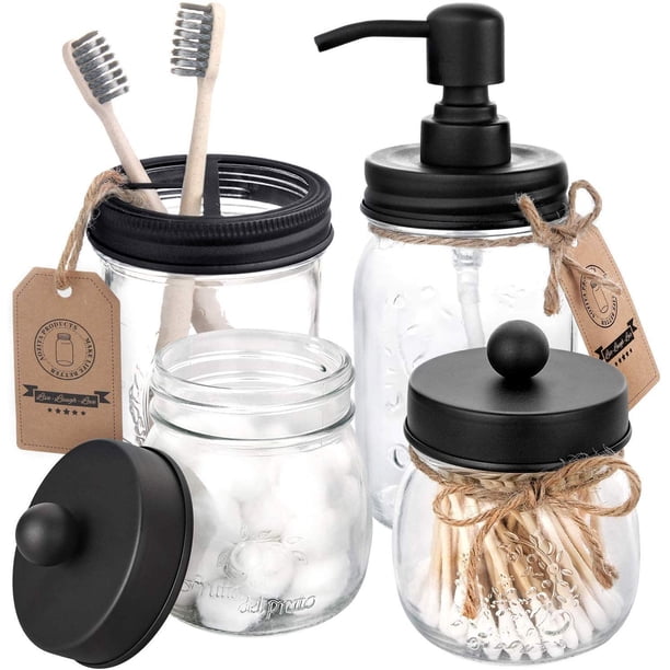 Juego de 4 accesorios de baño JanHm dispensador de jabón Mason Jar y 2 TARROS de boticario y soporte para cepillo de dientes baño rústico de granja organizador de tocador de encimera negro