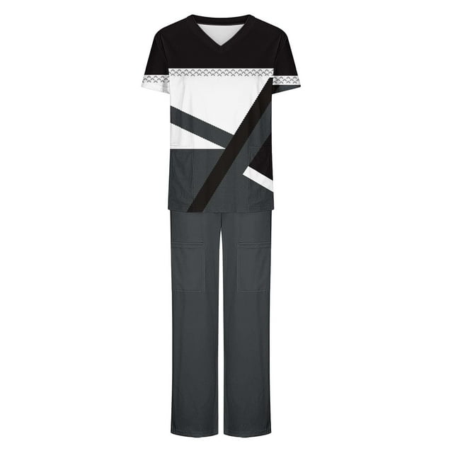 Camisetas de Manga Larga Mujeres Imprimir Manga Corta V-Cuello Superior Y Pantalones Largos Traje de Trabajo Conjunto, Nylon para Primavera Verano Casual