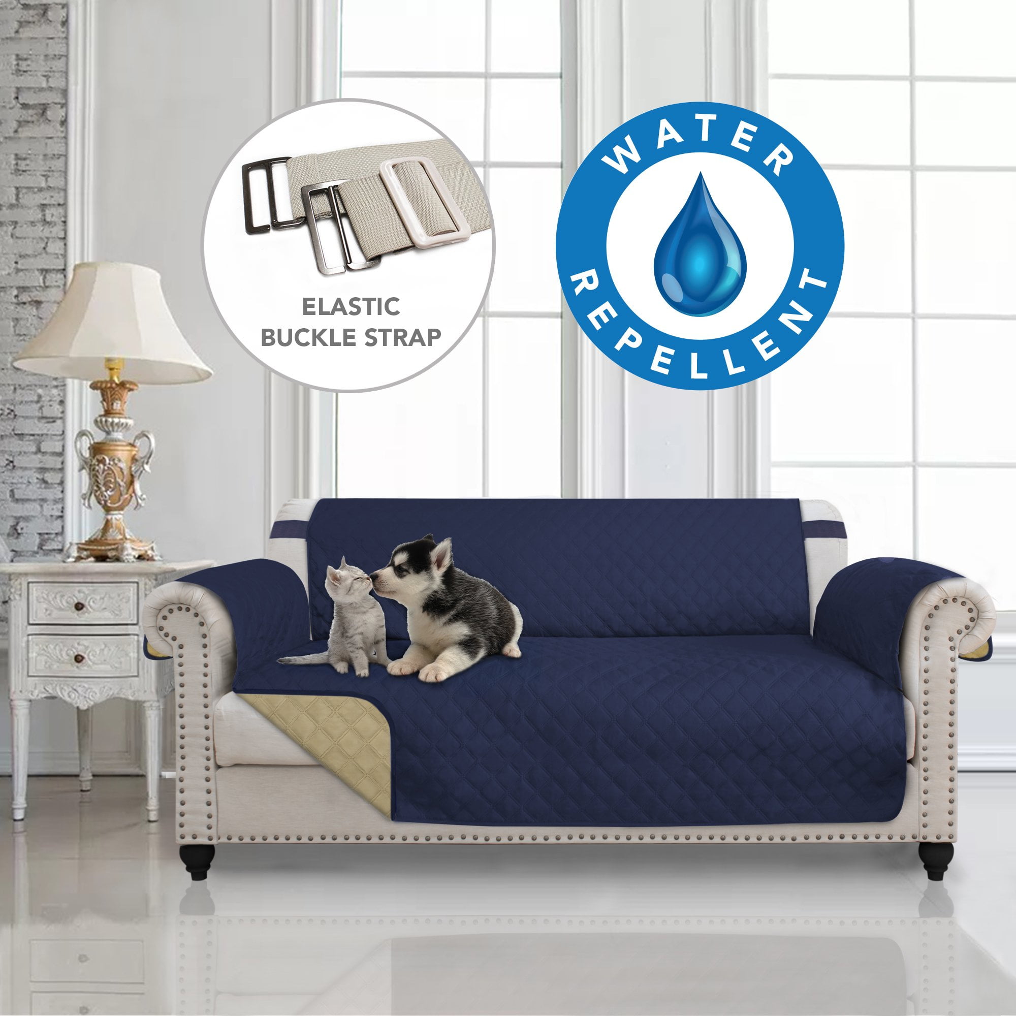 COMFII HOME 100 Water Repellent Reversible Quilted Sofa Couch Cover 3 Seater Adjustable