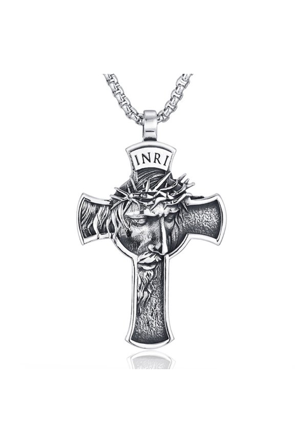 Stainless Steel Crucifix Necklace Jesus Face for Religious Christian Men Gift