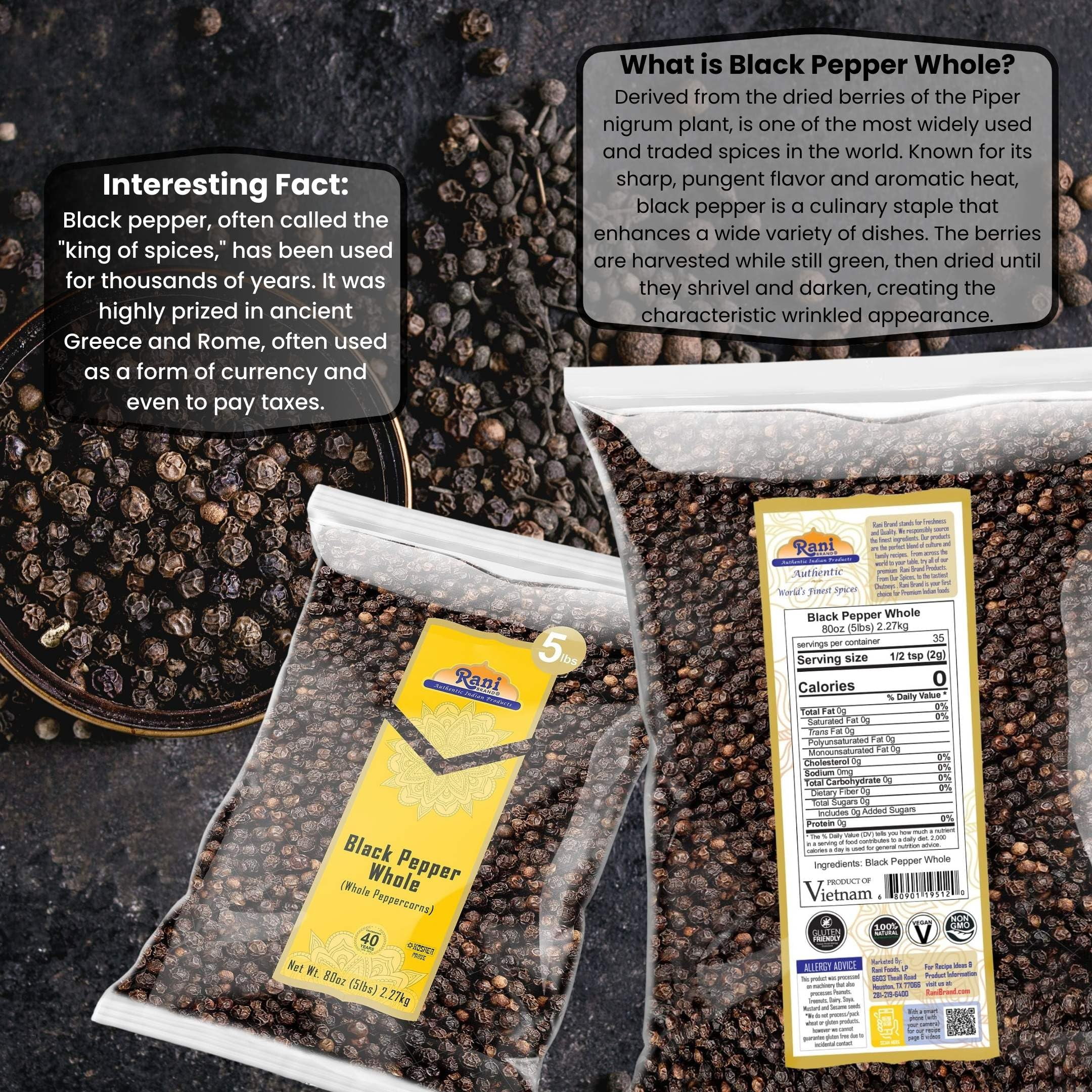Rani Black Pepper Whole (Peppercorns), MG-1 Grade, 80oz (5lbs) 2.27kg Bulk ~ All Natural | Gluten Friendly | Non-GMO | Kosher | Perfect size for Grinders!