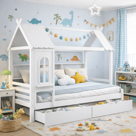 HICOMILA Full House Bed with Storage Drawers and Shelves, Solid Wood House Platform Bed Frame with Roof Design for Boys Girls, Wooden Twin Bed with Built-in Storage, Childlike Design, White