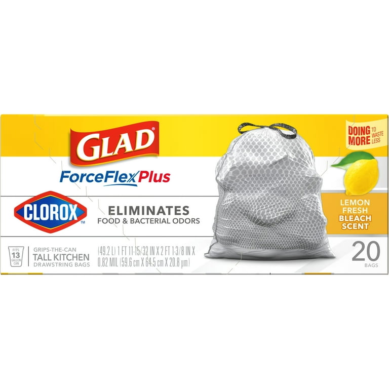 Glad ForceFlex MaxStrength with Clorox Tall Kitchen Trash Bags, 13 Gal,  Lemon Fresh Bleach, 34 Ct